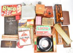 Collection of antique and vintage games to include several cribbage boards, Tunbridge Ware board box