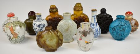 Thirteen Chinese snuff bottles / miniature vases including jade / hardstone or similar, celadon,