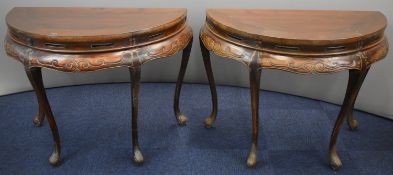 Pair of 19thC Chinese jointed cabriole tables with pierced and scrolling decoration, raised on