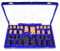 Indian carved wood chess set in fitted box, height of king 9cm