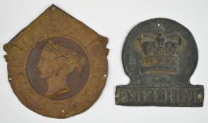 Two copper firemarks Queen Insurance Company (W99B) and Imperial Fire Insurance Co (W40C), tallest