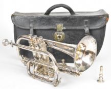 Silver plated cornet bearing inscription 'Maker to H.M. Forces, A Hall Gisborne, Factory Vere