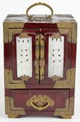 Metal bound Chinese jewellery cabinet with jade or similar carved panels, W15 x D12 x H22cm