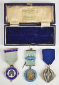 Three hallmarked silver, gilt and enamel Masonic jewels comprising Porta Episcopi Lodge to Bro.