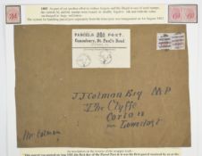 Postal history, first day use of parcel service 1st August 1883, with two 6d on 6d stamps with bar