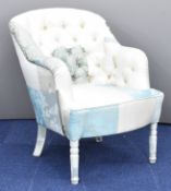 Button back armchair with patchwork style upholstery and leg covering