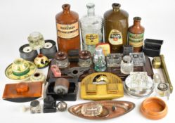Collection of inkwells, stands and similar related items with examples in ceramic, glass, brass