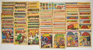 Eighty 1970's action adventure comics comprising The Mighty World of Marvel, Spider-Man and Hulk
