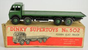 Dinky Supertoys diecast Foden Flat Truck with green body/cab, black chassis and silver trim, 502, in