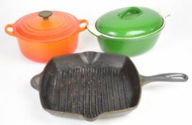 Le Creuset twin handled covered casserole pans no 20 and no 26 griddle pan and an unmarked green