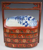 Chinese lacquer four division dowry, wedding or nesting box with floral decoration and likely