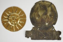 Two firemarks comprising tinned iron The Sun Fire Office (W4F) - provenance taken from a building in