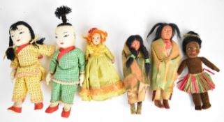 Six vintage fabric and celluloid dolls to include native American and Ada Lum examples, tallest