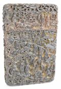 19thC Chinese carved tortoiseshell card case decorated with court scenes, 12 x 8cm