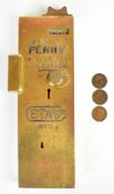 Early 20th century brass coin operated 'Spend a Penny' Etas No.5 public toilet lock, 35 x 12cm, with