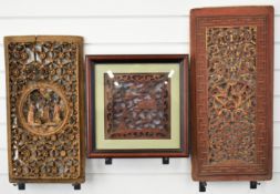 Three 18th/19thC Chinese carved wood window or door screens / panels with floral and figural