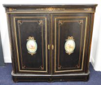 19thC ebonised and inlaid pier cabinet with Sèvres style oval porcelain panels decorated with