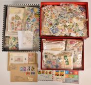 World stamps, loose on paper in three boxes, many thousands