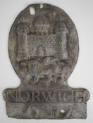 Norwich General Assurance Co lead firemark (W28A) issued circa 1801, H25cm