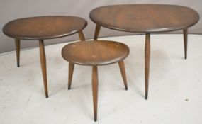 Ercol mid century modern nest of pebble tables, maximum width of largest 70cm