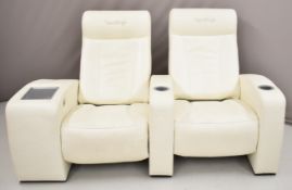 Set of three Cineak leather / faux leather electric reclining cinema chairs, the arms with inset cup