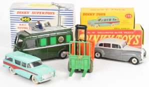 Four Dinky Toys diecast model cars and similar comprising Rolls-Royce Silver Wraith 150, BBC TV