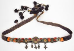 Moroccan or North African Berber head band with niello panels and set with amber, agate and