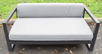 Grey contemporary metal framed garden seat with matching cushions, H69 x D85 x W162cm