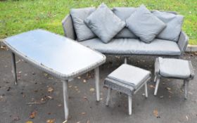 Faux rattan garden bench, table and two coffee tables, the bench width 200cm, table 150 x 70cm