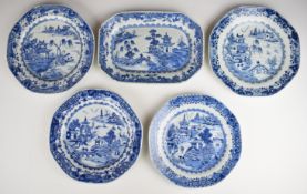 Five Chinese 19thC blue and white export plates