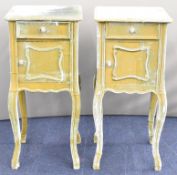 Pair of velvet / fabric covered bedside cabinets with single drawer, raised on cabriole legs, W41