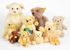 Ten Steiff Teddy bears, all with original tags and buttons, tallest 30cm.