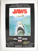 Jaws (1975) framed print with spurious signatures for Steven Spielberg, Roy Scheider, Robert Shaw