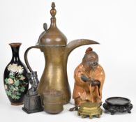 Brass dallah, cloisonné vase, Chinese carved stand, Egyptian bust etc, tallest 41cm
