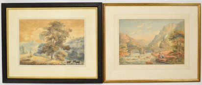 Attributed to John Varley (1788-1842) two watercolour landscapes, one a man on horseback crossing