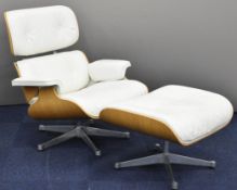 Eames mid century modern shaped plywood and polished aluminium armchair and footstool with white
