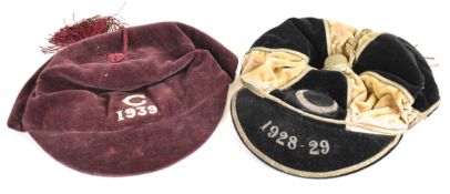 Clifton RFC 1928-29 cap together with a similar 1939 rugby cap