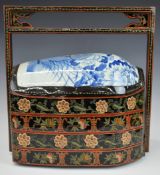 Chinese lacquer four division dowry, wedding or nesting box with floral decoration and likely