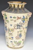 19thC Chinese vase with mask handles, enamelled Foo Dog decoration, antiquities to the back of the
