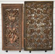 Two 18th/19thC Chinese carved wood window or door screens / panels with floral and figural