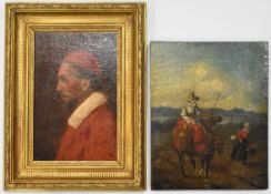 Continental school oil on canvas woman on horseback with woman on foot carrying a basket beside her,