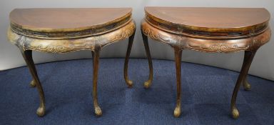 Pair of 19thC Chinese jointed cabriole tables with pierced and scrolling decoration, raised on
