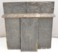 16th / 17thC carved oak cabinet or cupboard with gallery back profusely carved with fourteen