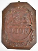 Lion Fire Assurance copper firemark mounted on wood (W114A), H23cm