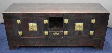 19thC Chinese jointed low sideboard with two twin door cabinets, single drawer and cubbyhole, W163 x