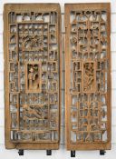 Two 18th/19thC Chinese carved wood window or door screens / panels with floral geometric and figural