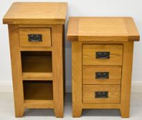 Two modern oak bedside chests, one with three drawers the other a single drawer above shelves,