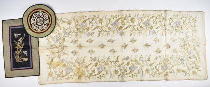 Chinese embroidery panels and silver and gold thread embroidered cloth, largest 48cm X 120cm
