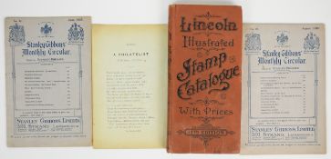 Box file of old philatelic literature and stamp catalogues and accessories including 1897 Stanley