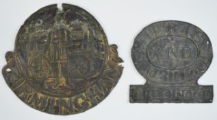 Two copper firemarks Hertfordshire and Cambridgeshire Fire Office (W68A) and Birmingham Fire